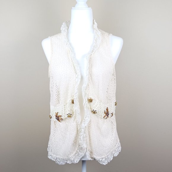 E by ECI| NWT Coastal Beachy Crochet Beaded Sheer Sleeveless Vest Cardigan Sz 14 - Picture 1 of 10